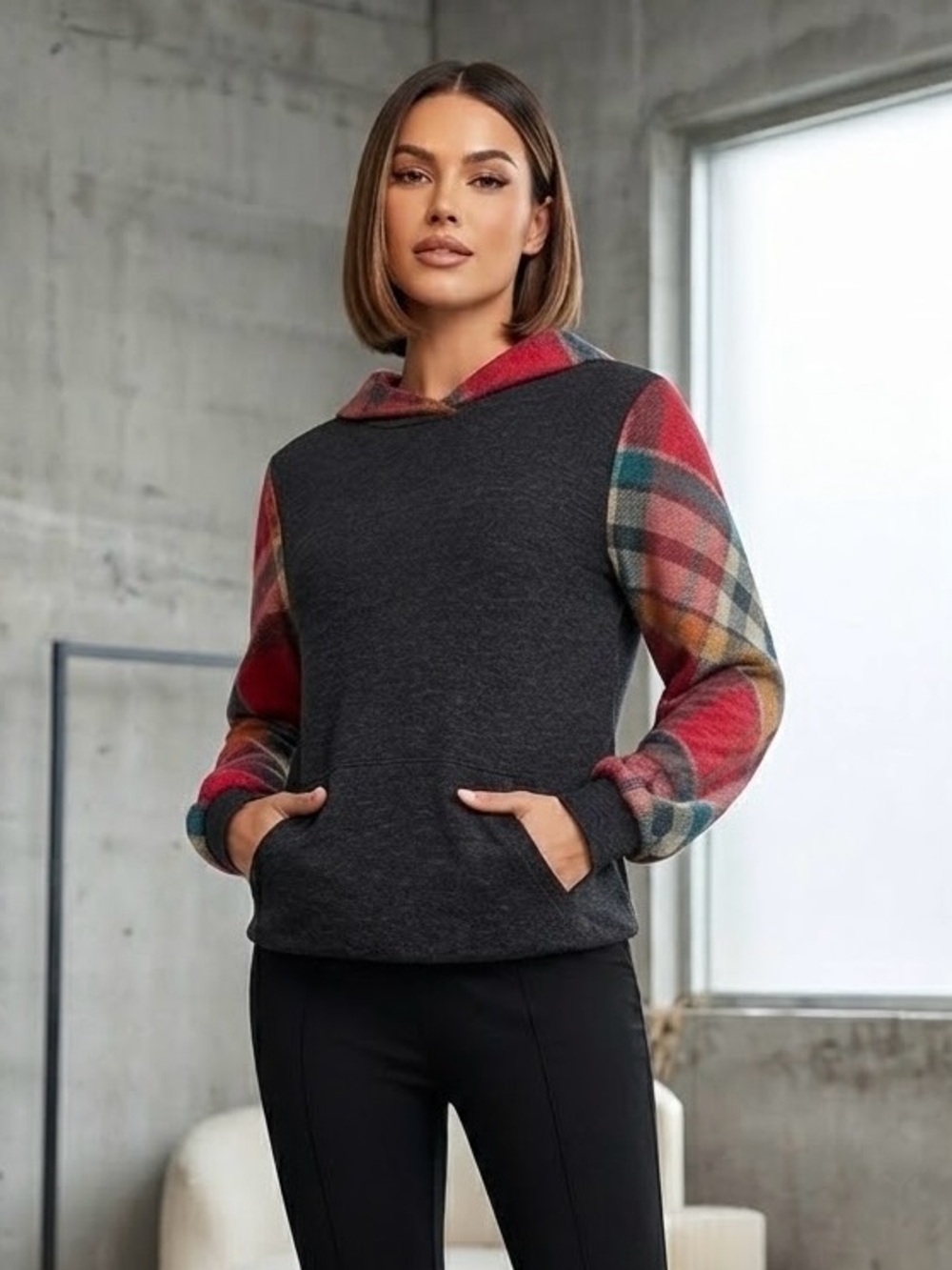 Lily pad Plaid-Sleeve Charcoal Hoodie